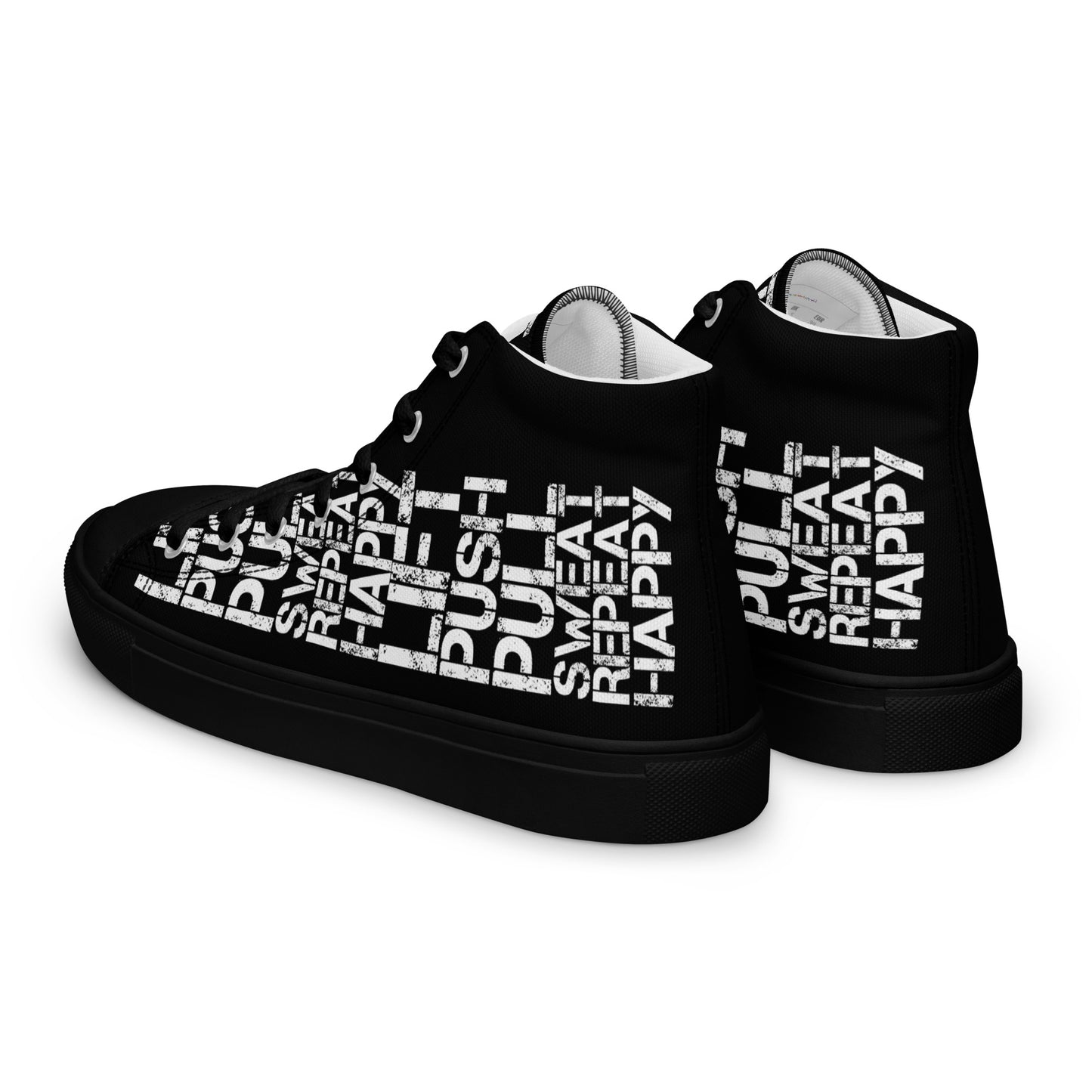 Mens sneakers side rear view HappyStuff black high tops lift push pull sweat repeat happy distress print gym shoe black sole