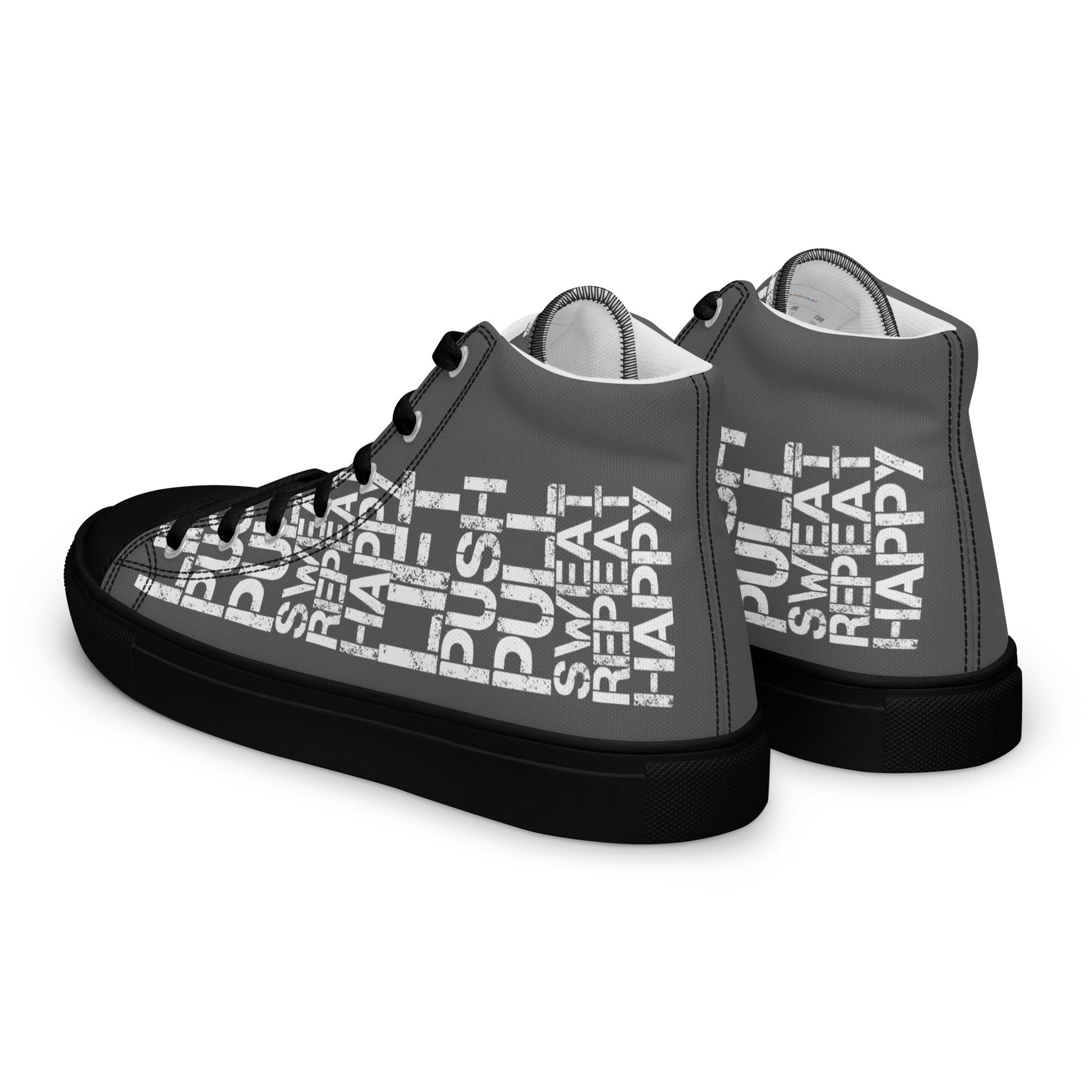 Mens sneakers side rear view HappyStuff slate grey high tops lift push pull sweat repeat happy distress print gym shoe black sole