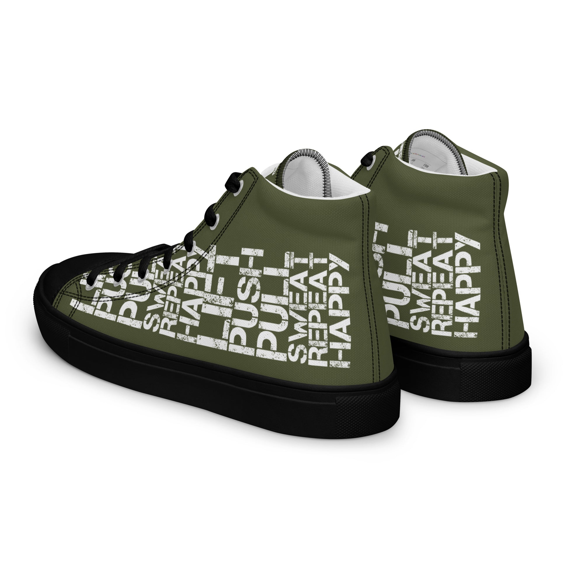 Mens sneakers side rear view HappyStuff khaki green high tops lift push pull sweat repeat happy distress print gym shoe black sole