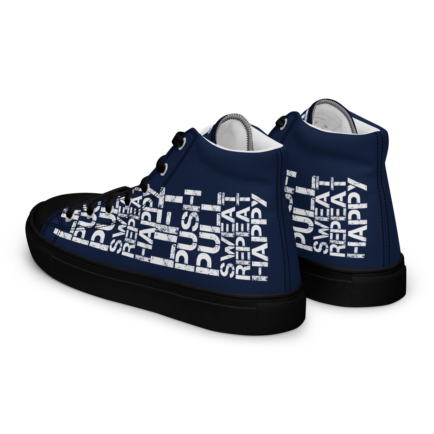 Mens sneakers side rear view HappyStuff navy blue high tops lift push pull sweat repeat happy distress print gym shoe black sole