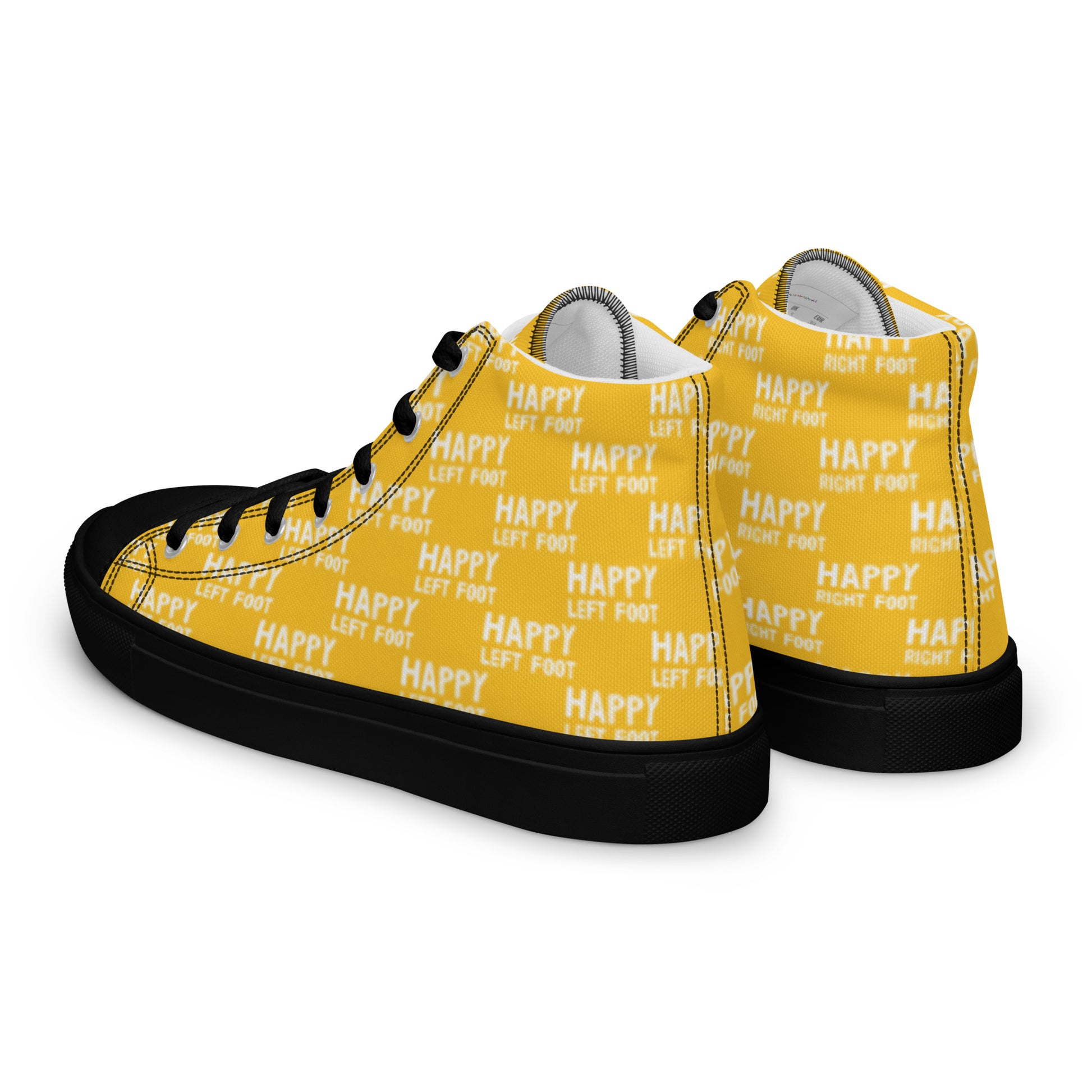 Mens sneakers side rear view HappyStuff yellow high tops black sole Happy Left Foot Happy Right Foot Pattern Print each on relevant shoe