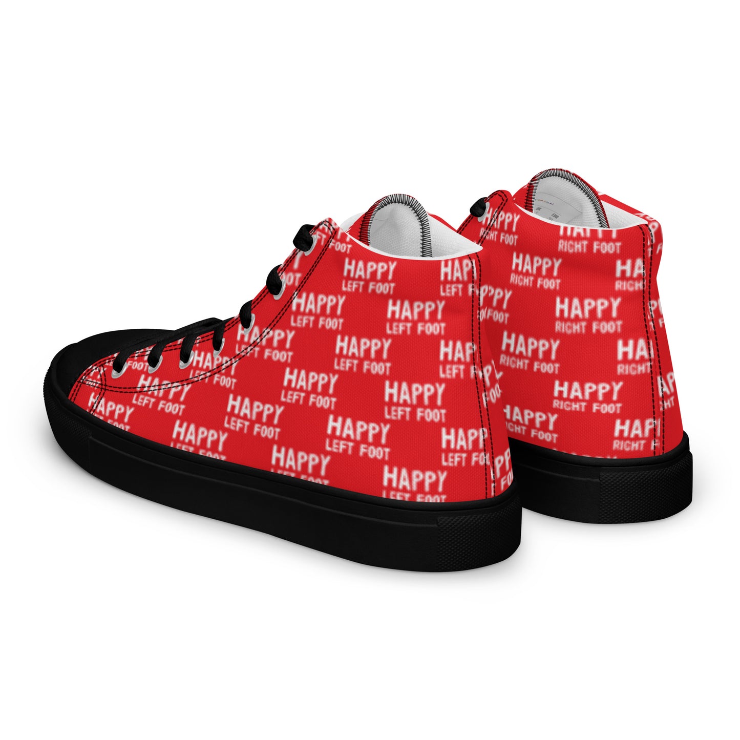 Mens sneakers side rear view HappyStuff red high tops black sole Happy Left Foot Happy Right Foot Pattern Print each on relevant shoe