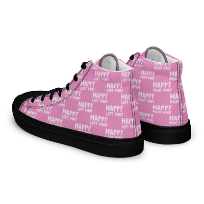 Mens sneakers side rear view HappyStuff pink high tops black sole Happy Left Foot Happy Right Foot Pattern Print each on relevant shoe