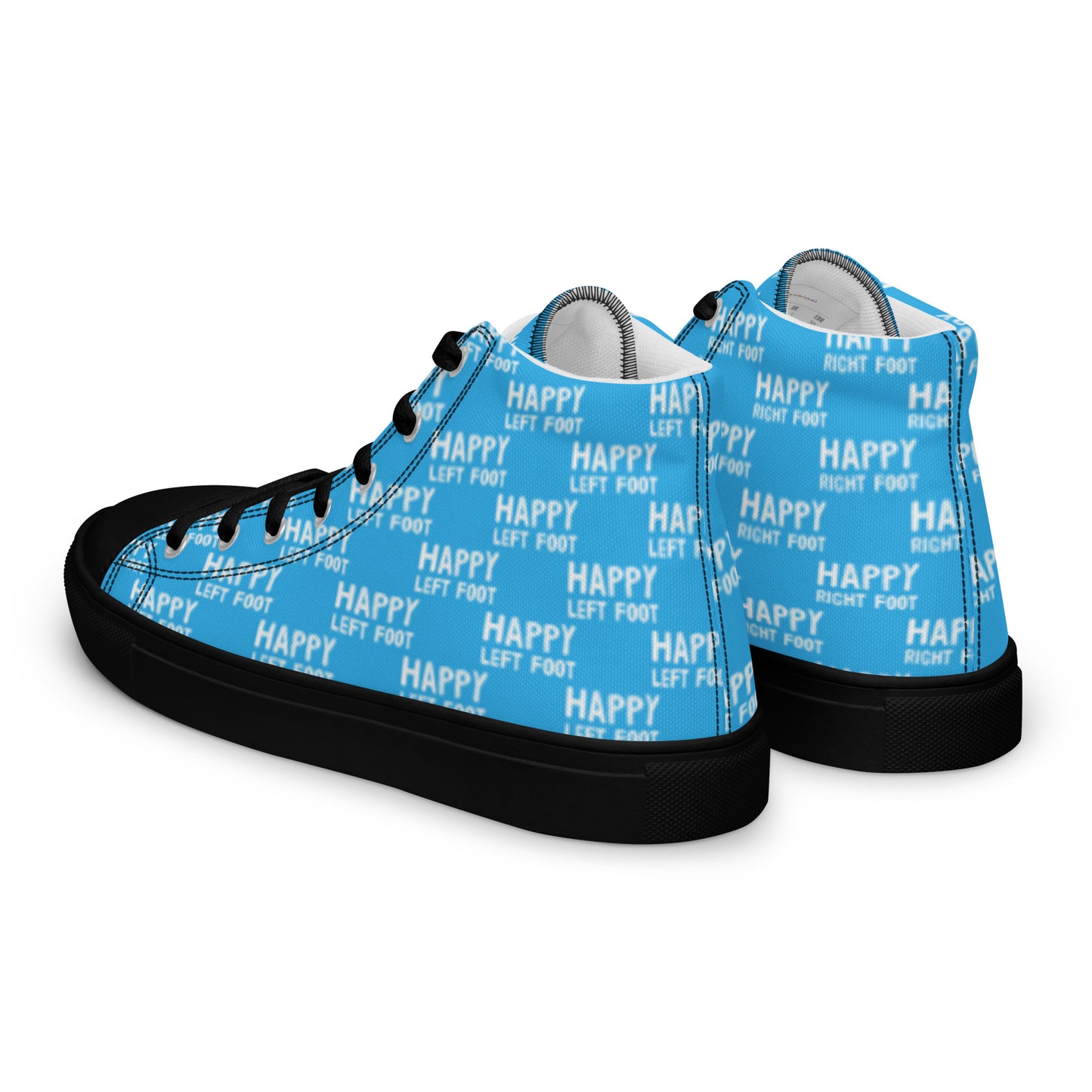 Mens sneakers side rear view HappyStuff blue high tops black sole Happy Left Foot Happy Right Foot Pattern Print each on relevant shoe