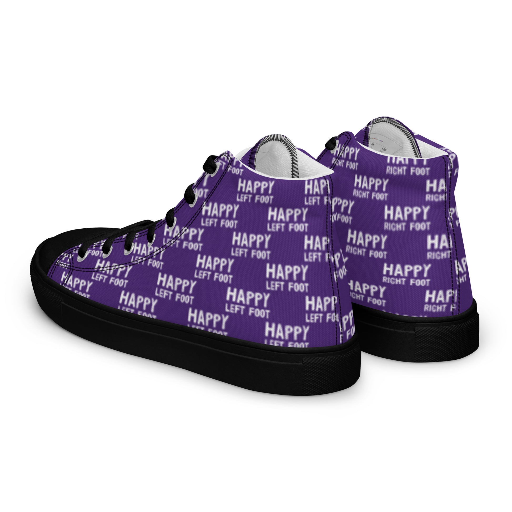 Mens sneakers side rear view HappyStuff purple high tops black sole Happy Left Foot Happy Right Foot Pattern Print each on relevant shoe