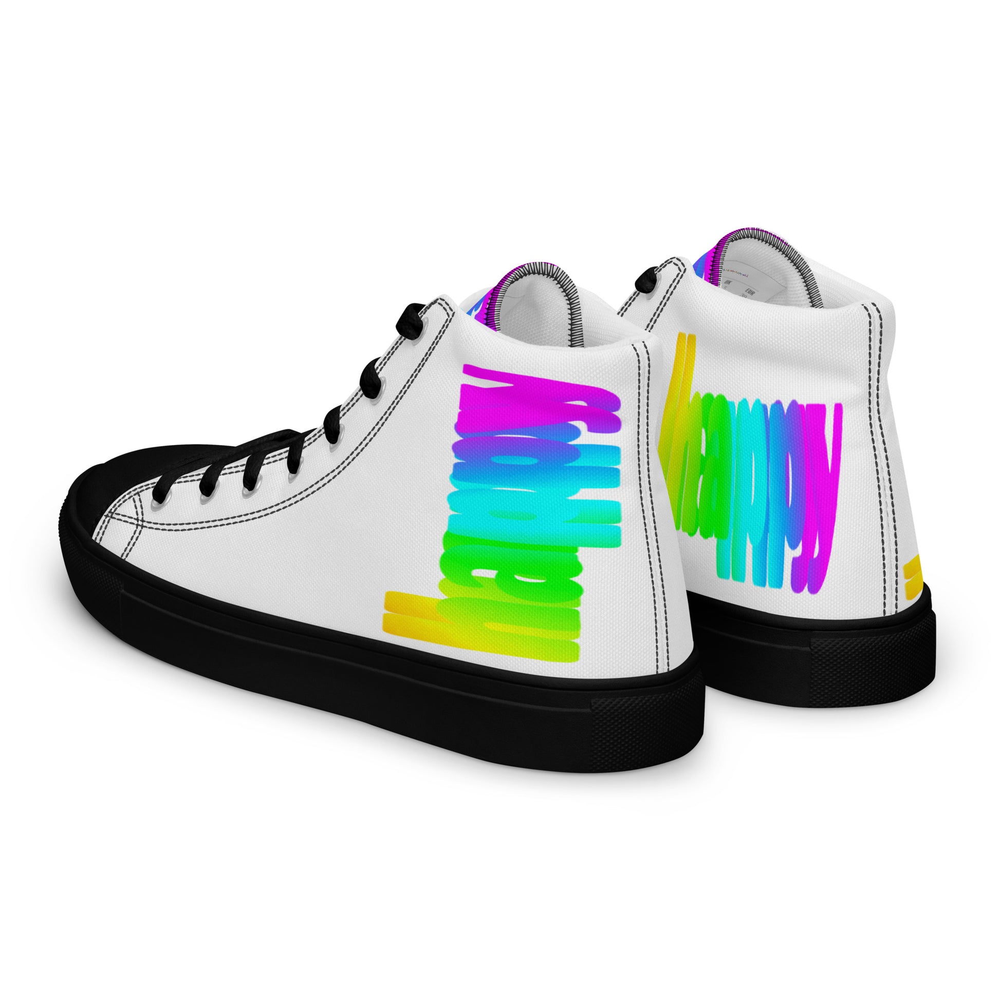 Mens sneakers side rear view HappyStuff white high tops black sole rainbow shoes Happy Rainbow Painted bright colour spectrum print