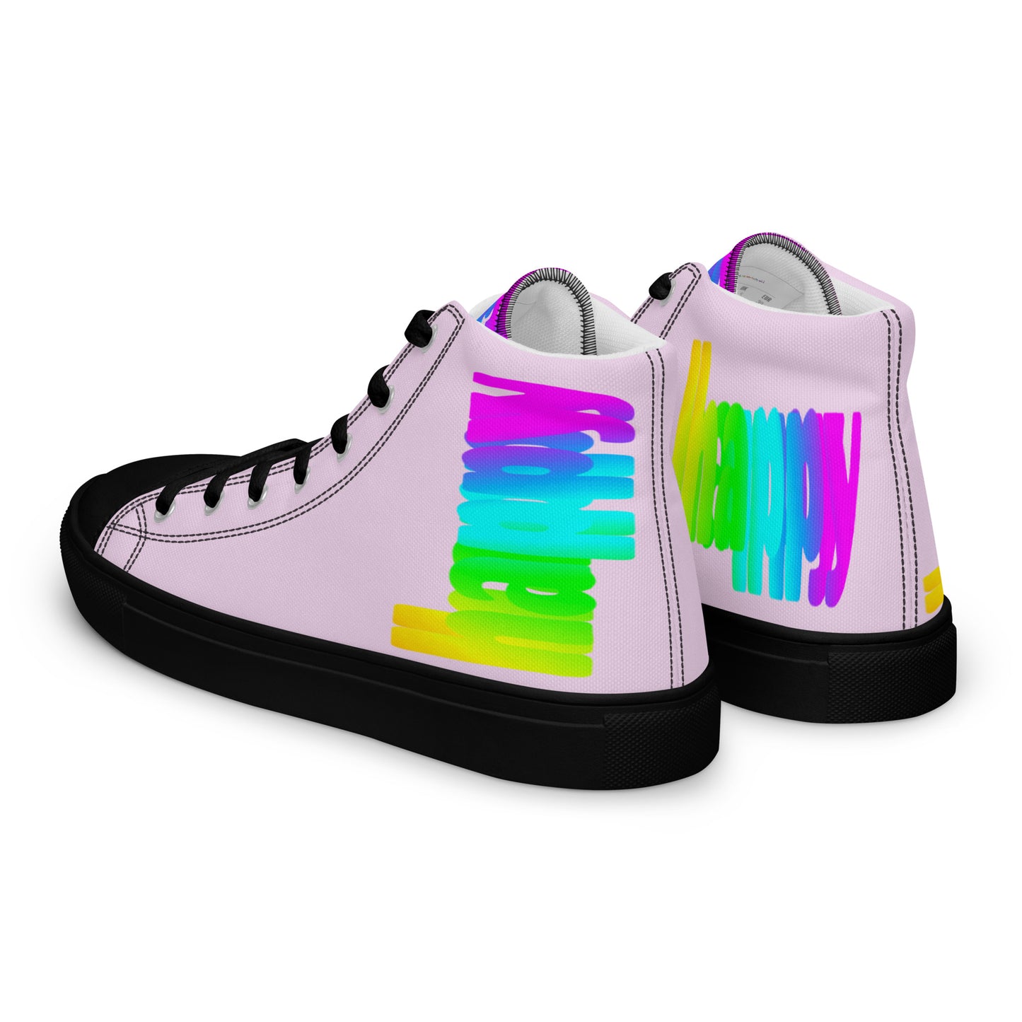 Mens sneakers side rear view HappyStuff pink high tops black sole rainbow shoes Happy Rainbow Painted bright colour spectrum print