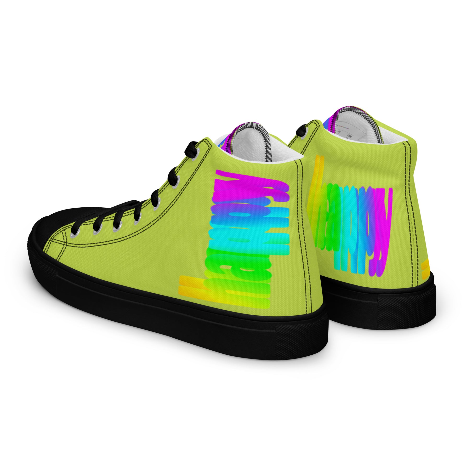 Mens sneakers side rear view HappyStuff green high tops black sole rainbow shoes Happy Rainbow Painted bright colour spectrum print