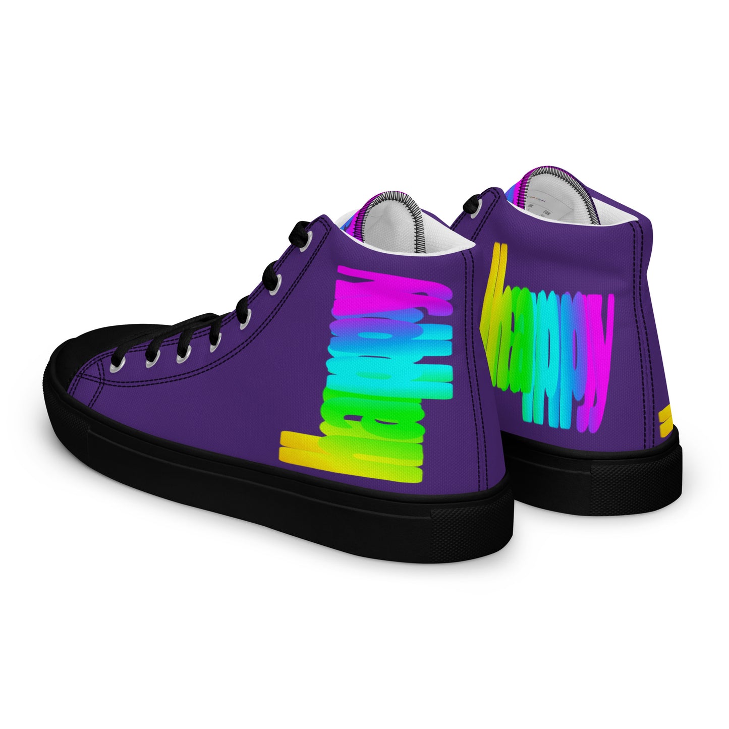 Mens sneakers side rear view HappyStuff purple high tops black sole rainbow shoes Happy Rainbow Painted bright colour spectrum print