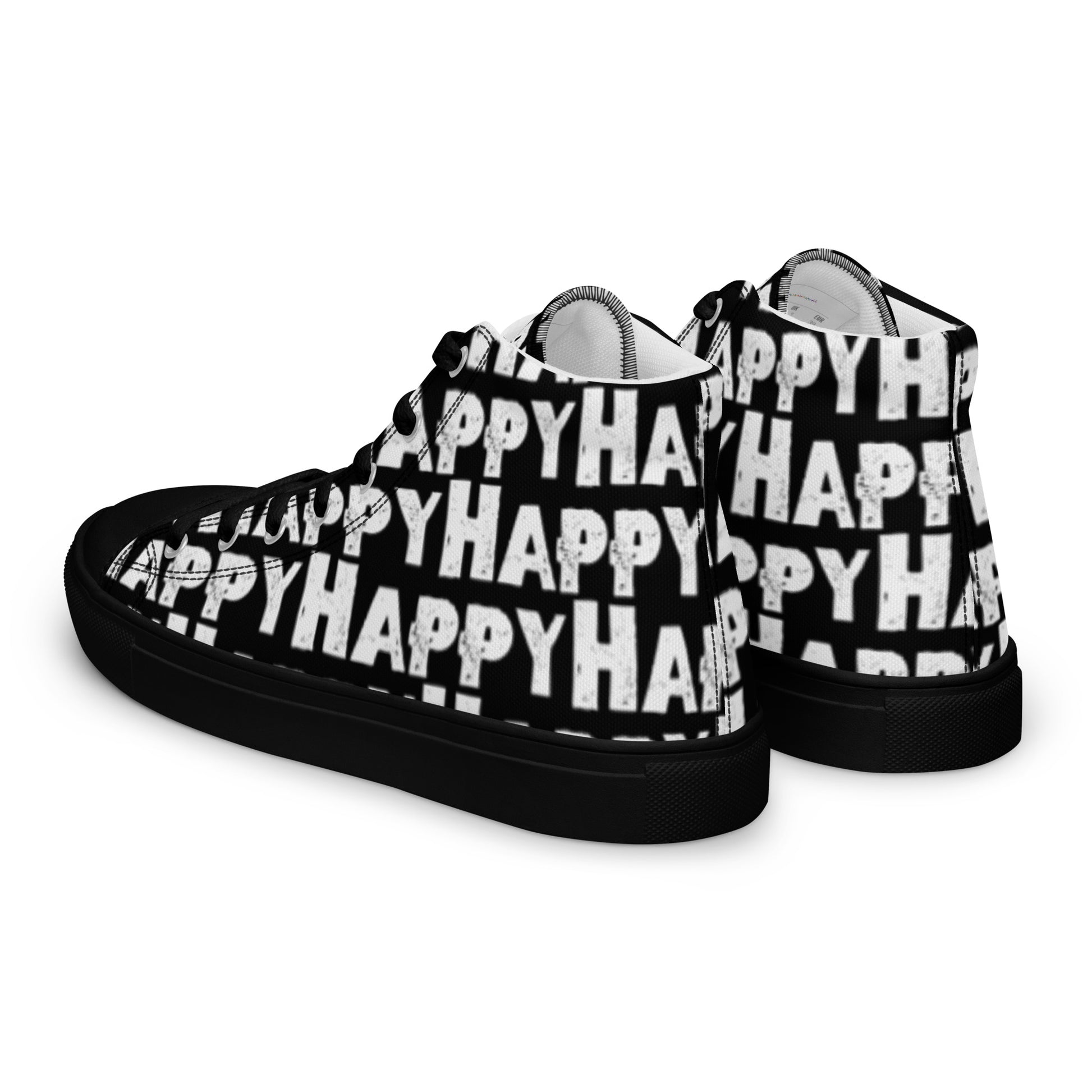 Mens Sneakers side rear view black and white Happy Sponge Print High Tops black sole HappyStuff brand