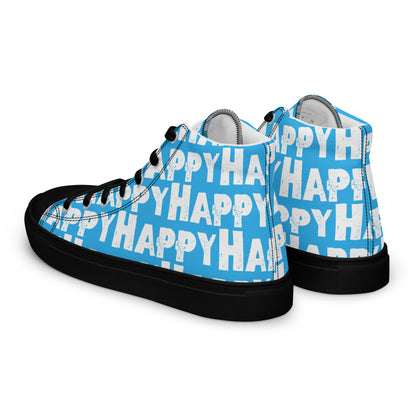 Mens Sneakers side rear view blue and white Happy Sponge Print High Tops black sole HappyStuff brand