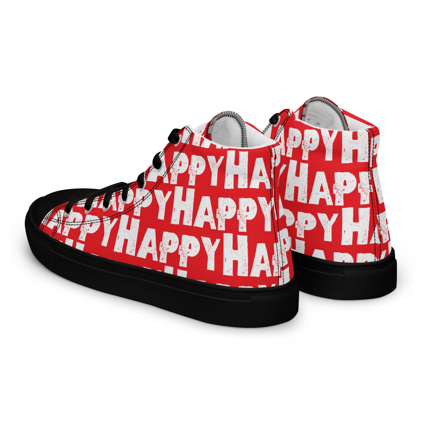 Mens Sneakers side rear view red and white Happy Sponge Print High Tops black sole HappyStuff brand