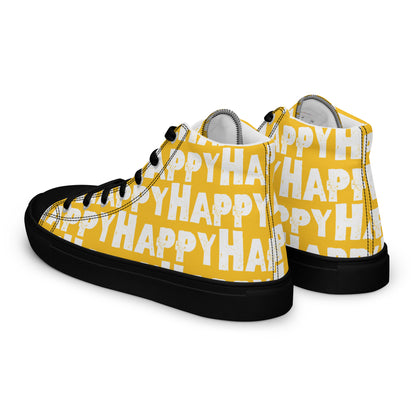 Mens Sneakers side rear view yellow and white Happy Sponge Print High Tops black sole HappyStuff brand