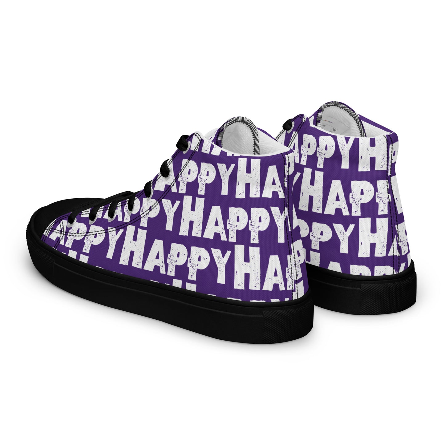 Mens Sneakers side rear view purple and white Happy Sponge Print High Tops black sole HappyStuff brand