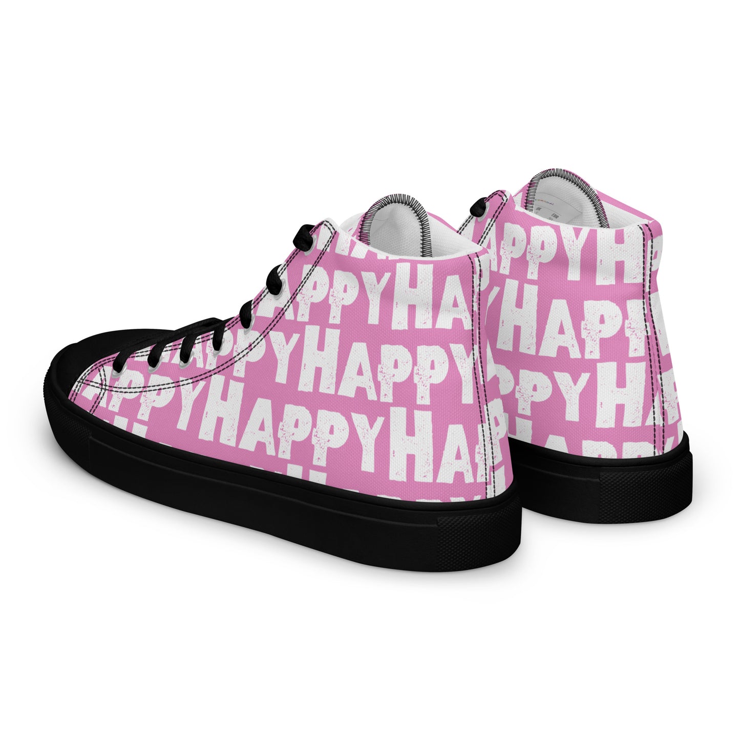 Mens Sneakers side rear view pink and white Happy Sponge Print High Tops black sole HappyStuff brand