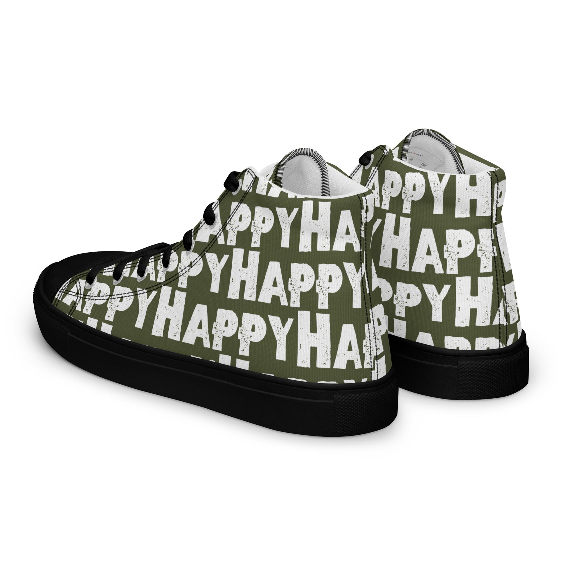 Mens Sneakers side rear view khaki green and white Happy Sponge Print High Tops black sole HappyStuff brand