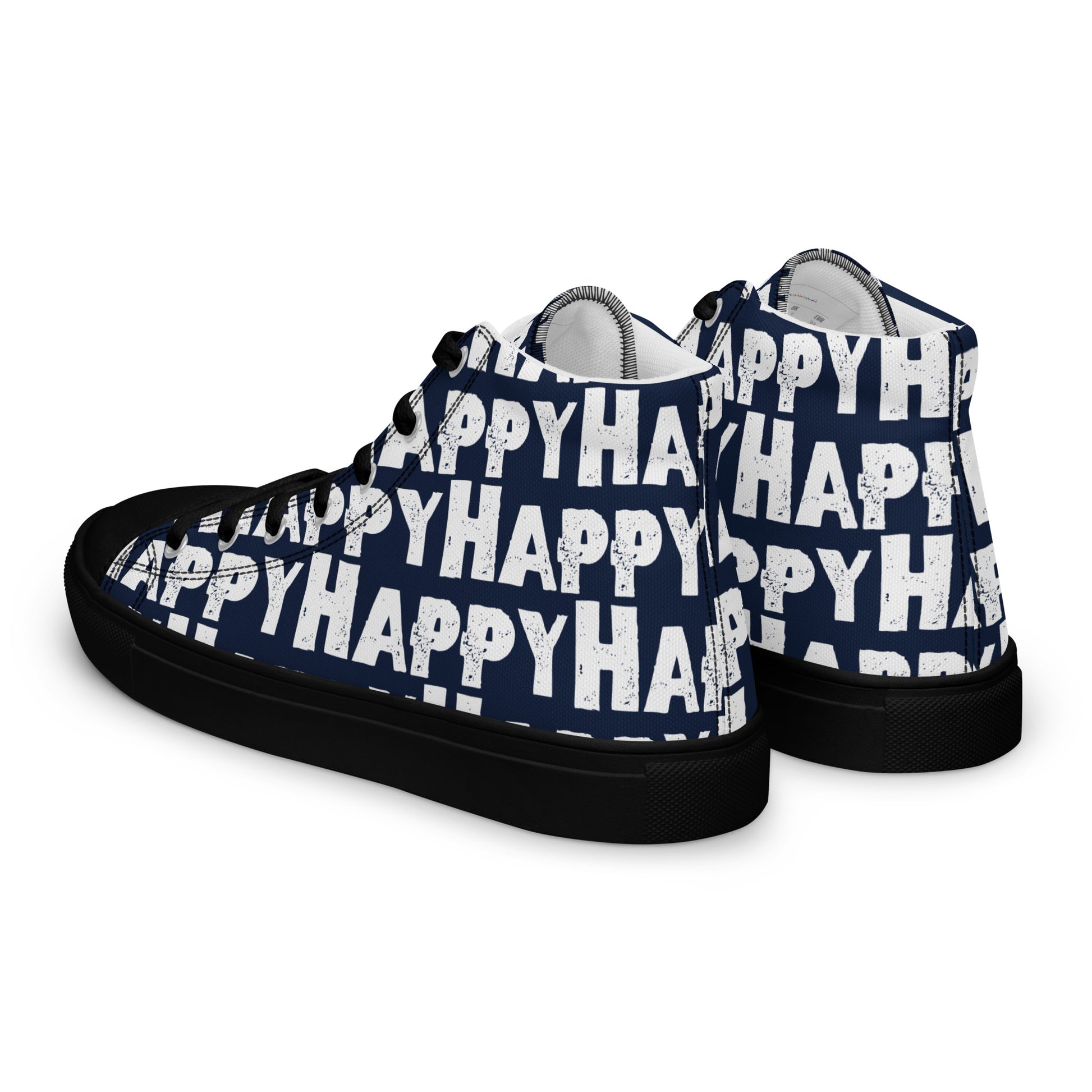 Mens Sneakers side rear view navy blue and white Happy Sponge Print High Tops black sole HappyStuff brand