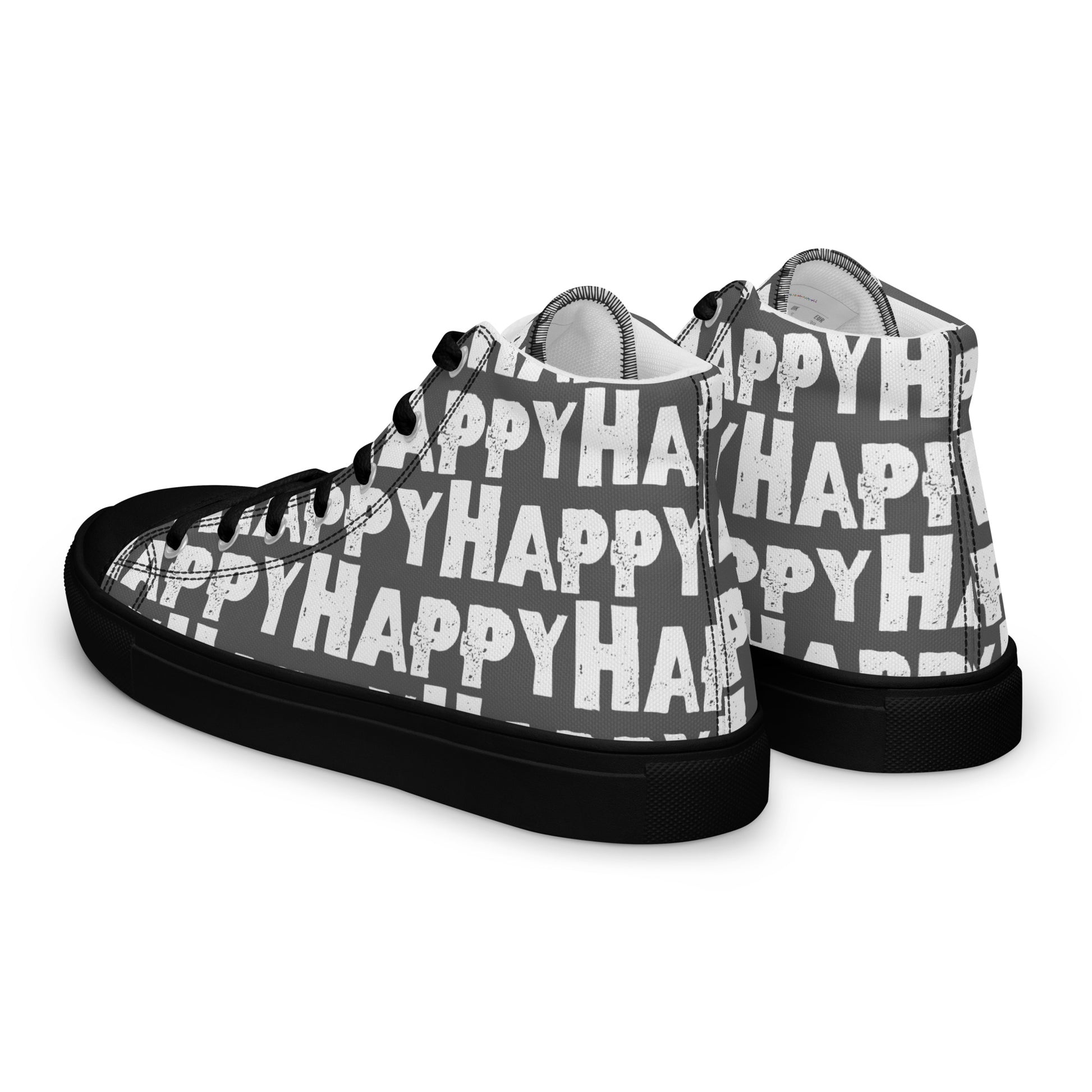 Mens Sneakers side rear view slate grey and white Happy Sponge Print High Tops black sole HappyStuff brand