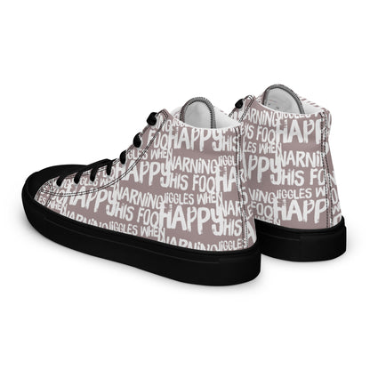 Mens sneakers side rear view HappyStuff taupe high tops with playful white print Warning This Foot Jiggles When Happy black sole