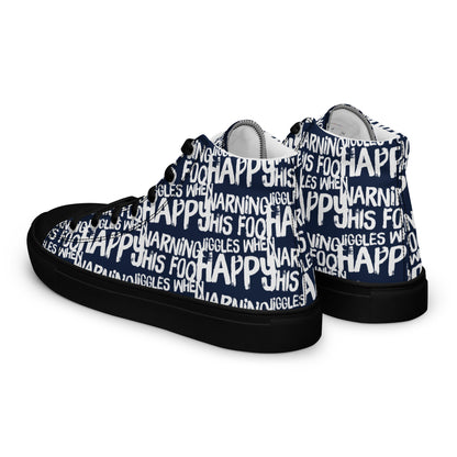 Mens sneakers side rear view HappyStuff navy blue high tops with playful white print Warning This Foot Jiggles When Happy black sole