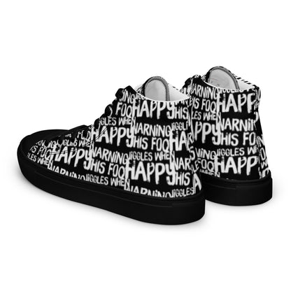 Mens sneakers side rear view HappyStuff black high tops with playful white print Warning This Foot Jiggles When Happy black sole