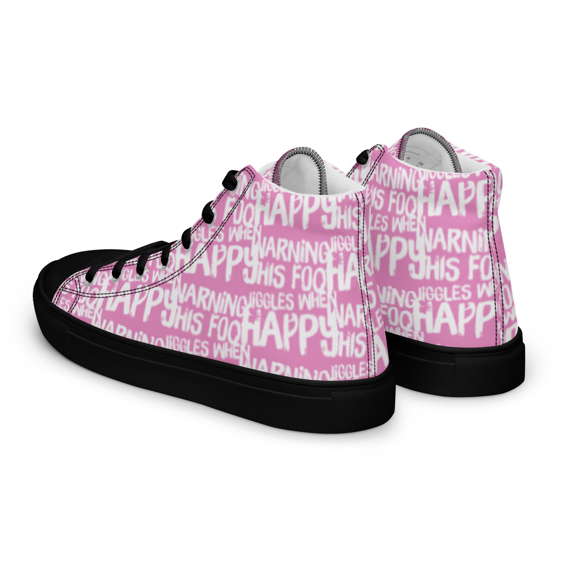 Mens sneakers side rear view HappyStuff pink high tops with playful white print Warning This Foot Jiggles When Happy black sole