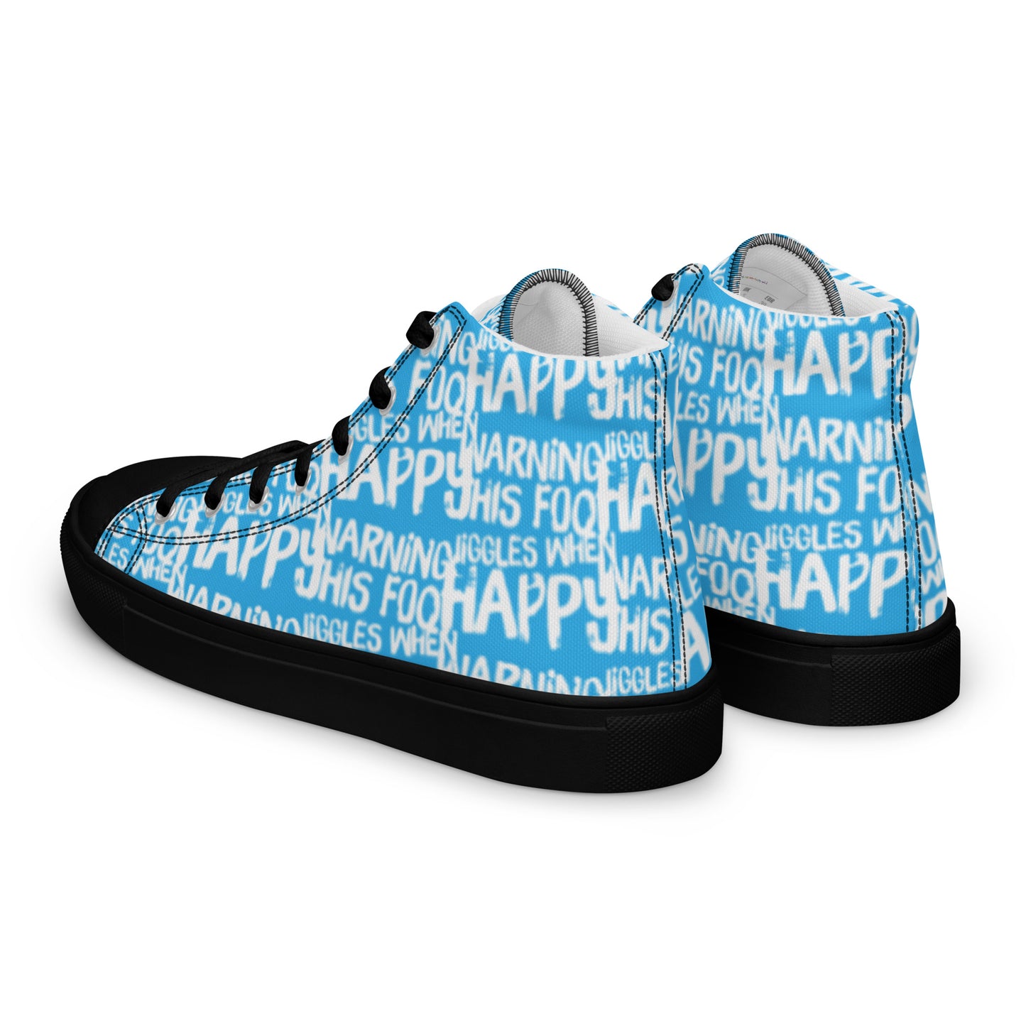 Mens sneakers side rear view HappyStuff blue high tops with playful white print Warning This Foot Jiggles When Happy black sole