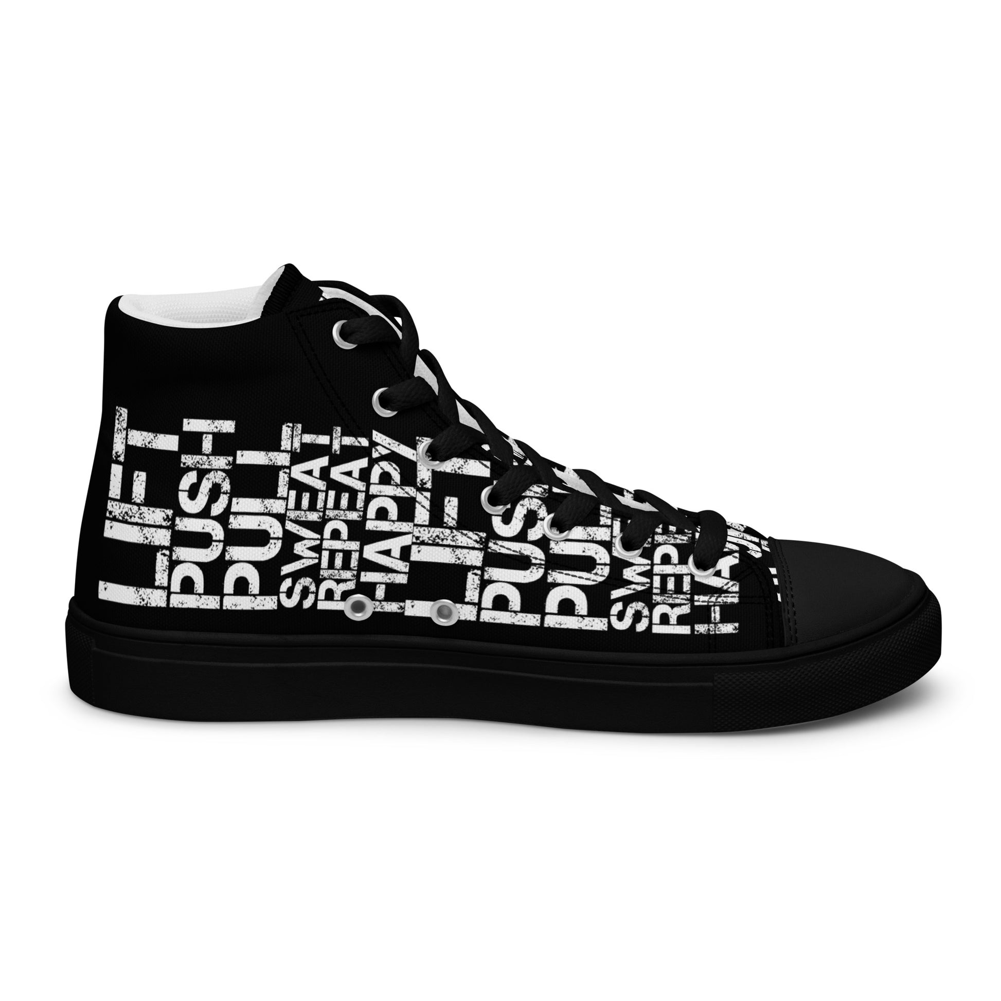 Left shoe inside view HappyStuff mens black high top sneakers black sole with white lift push pull sweat repeat happy distress print