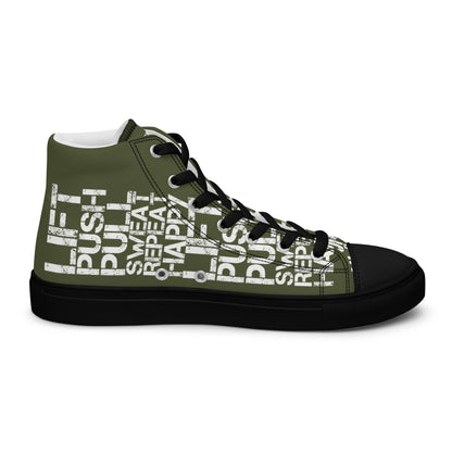 Left shoe inside view HappyStuff mens khaki green high top sneakers black sole with white lift push pull sweat repeat happy distress print