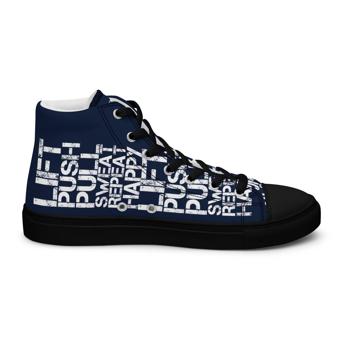 Left shoe inside view HappyStuff mens navy blue high top sneakers black sole with white lift push pull sweat repeat happy distress print 