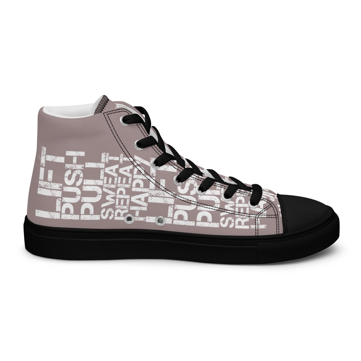 Left shoe inside view HappyStuff mens taupe high top sneakers black sole with white lift push pull sweat repeat happy distress print