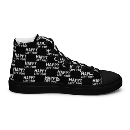 Left shoe inside view HappyStuff mens black high top sneakers black sole with white playful pattern print of Happy Left Foot