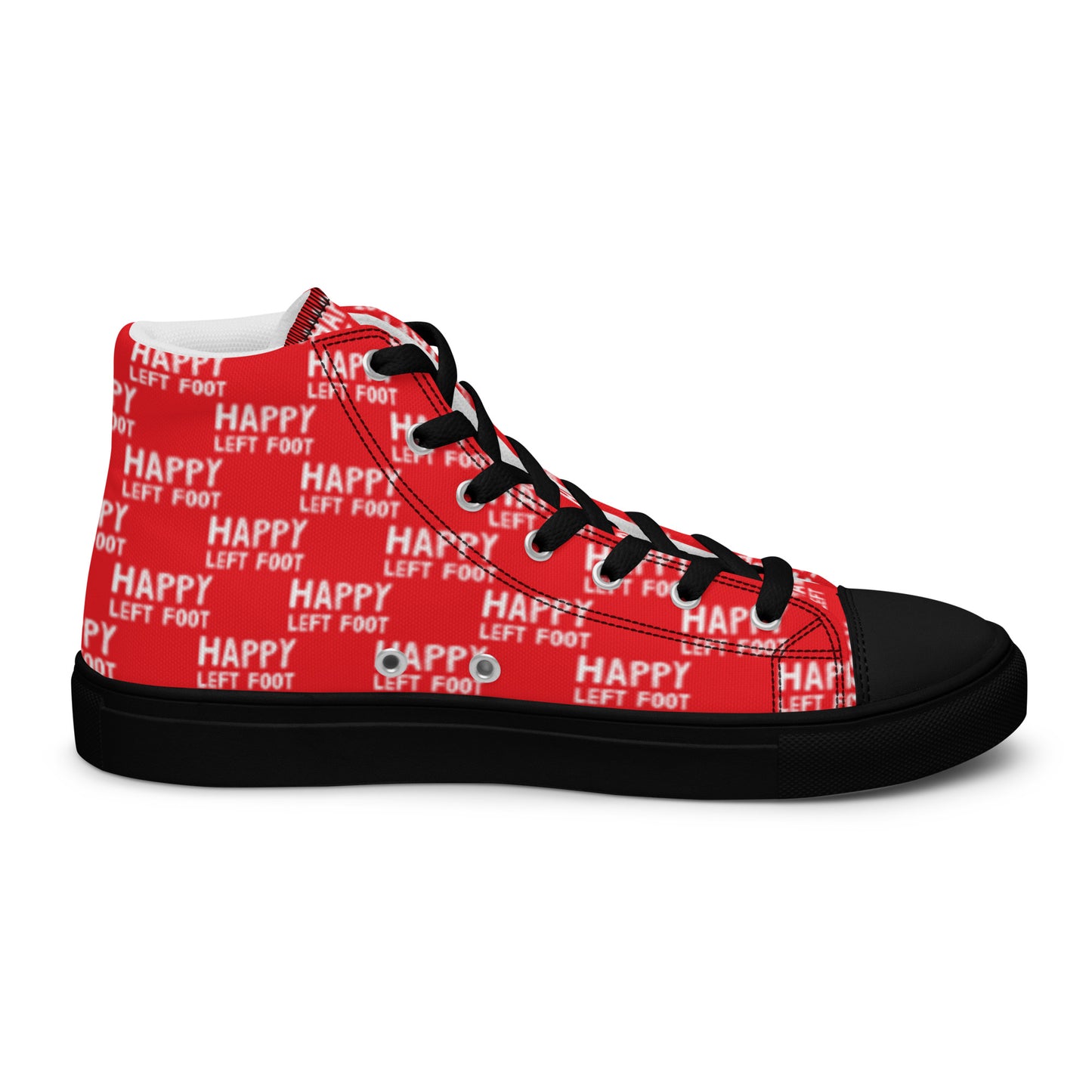 Left shoe inside view HappyStuff mens red high top sneakers black sole with white playful pattern print of Happy Left Foot