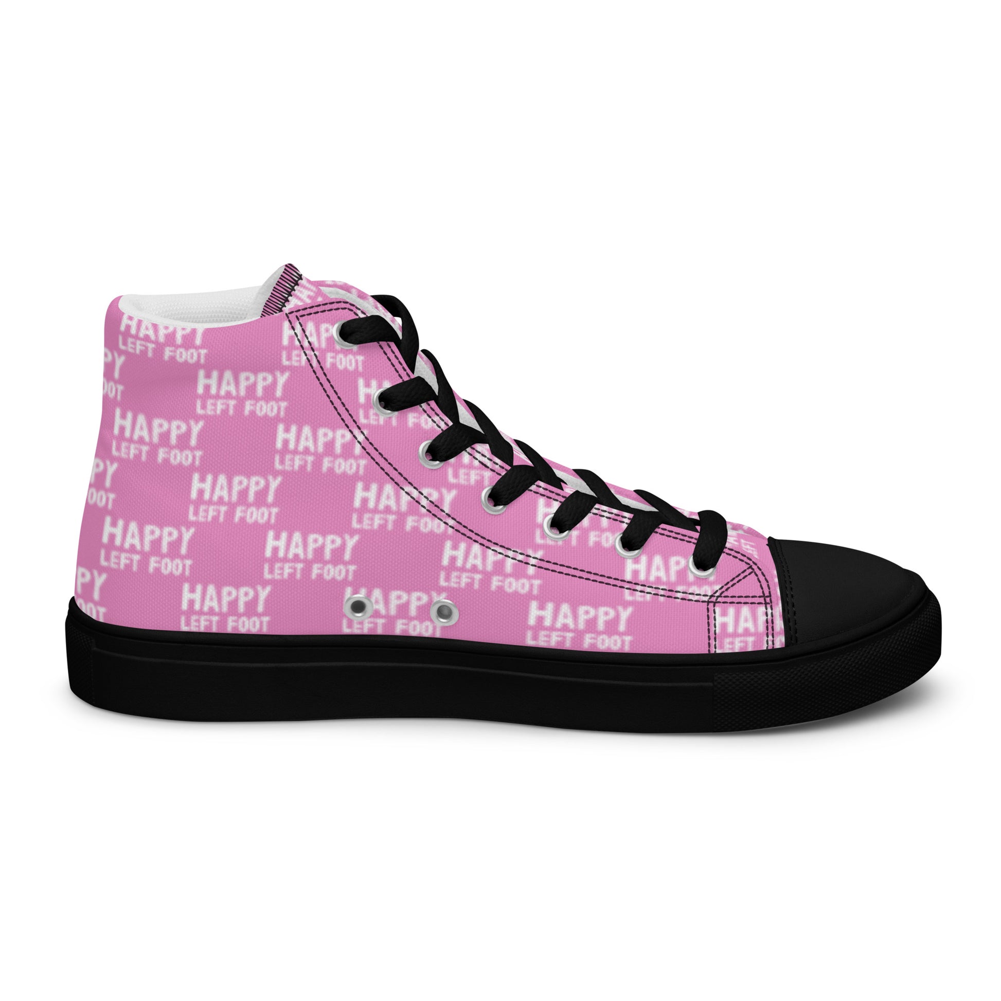 Left shoe inside view HappyStuff mens pink high top sneakers black sole with white playful pattern print of Happy Left Foot