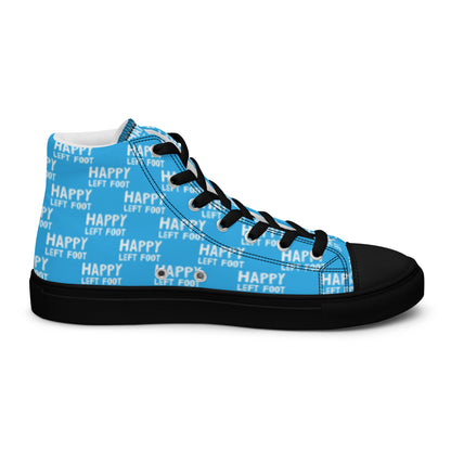 Left shoe inside view HappyStuff mens blue high top sneakers black sole with white playful pattern print of Happy Left Foot