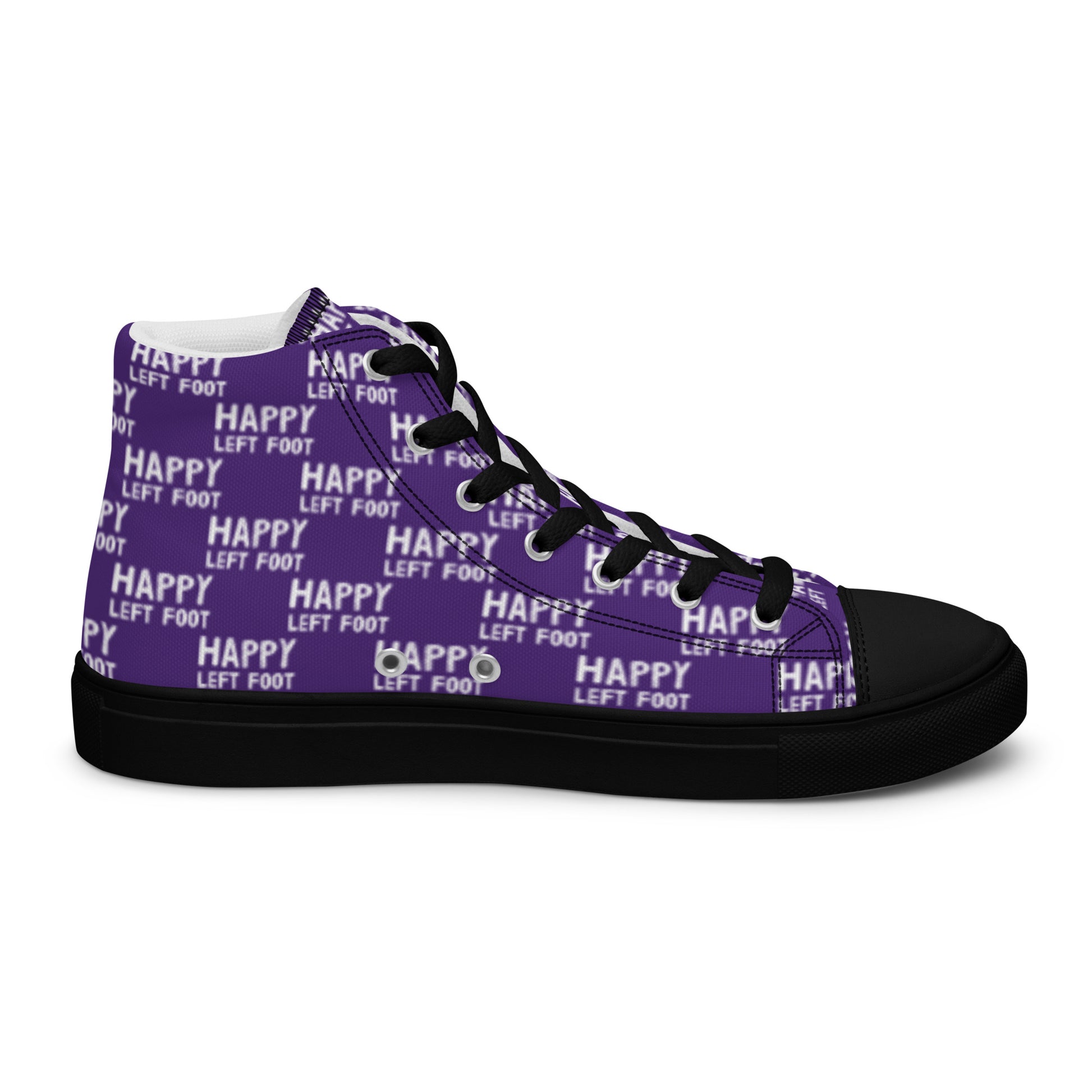 Left shoe inside view HappyStuff mens purple high top sneakers black sole with white playful pattern print of Happy Left Foot