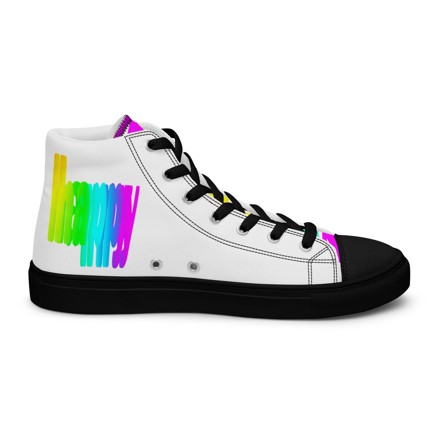 Rainbow shoes HappyStuff mens white high top sneakers black sole Happy Rainbow Painted Print bright colour spectrum left shoe inside view