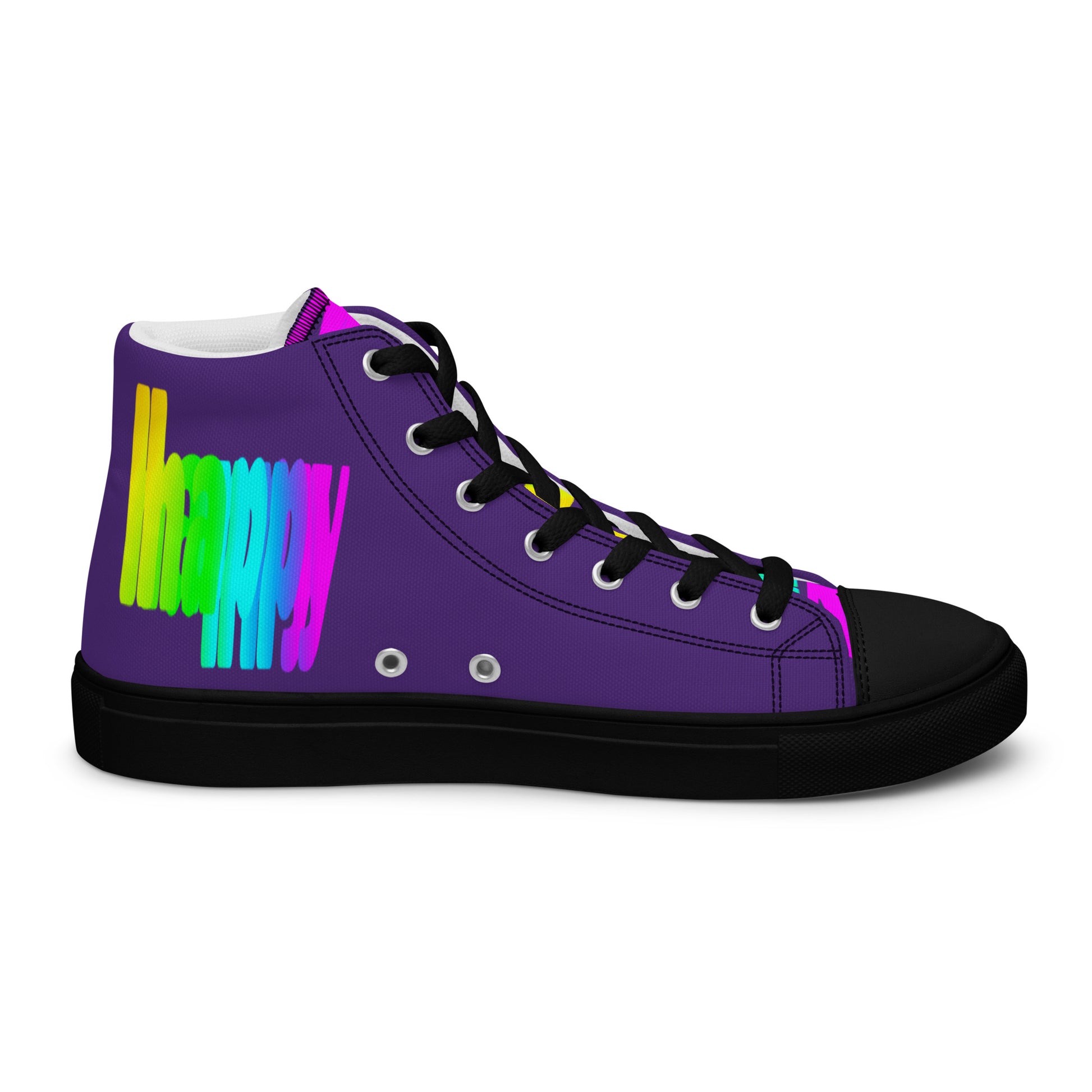 Rainbow shoes HappyStuff mens purple high top sneakers black sole Happy Rainbow Painted Print bright colour spectrum left shoe inside view