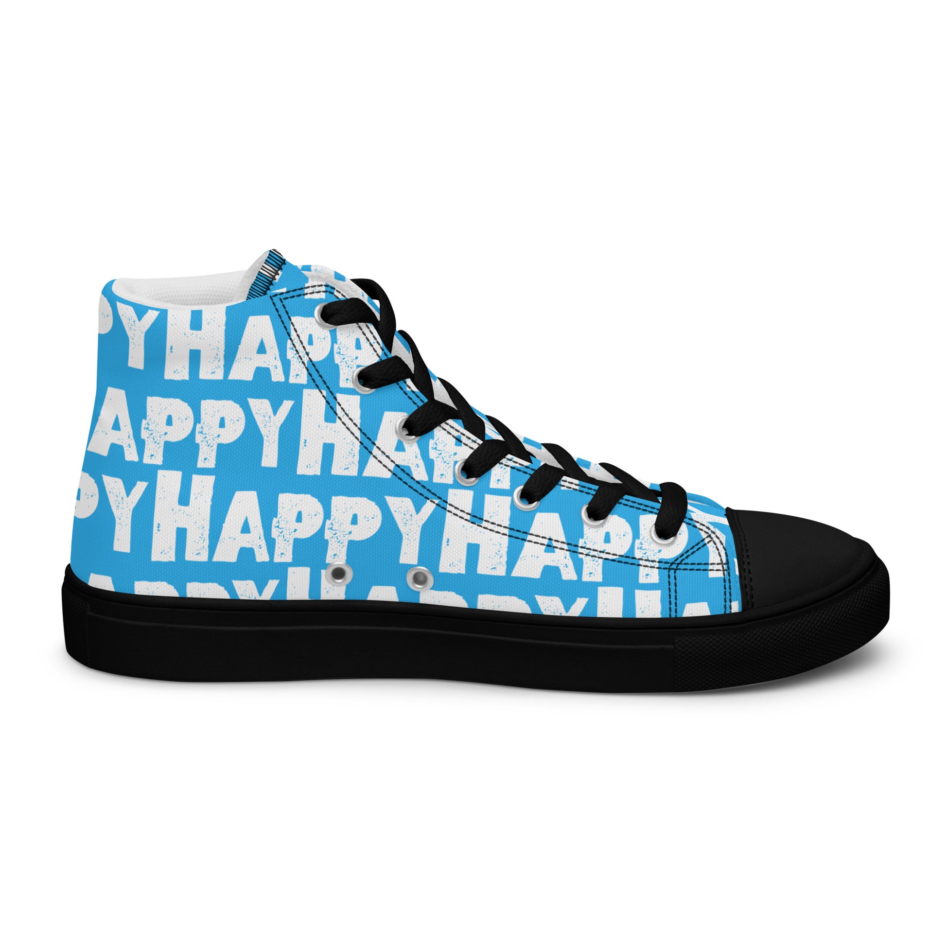 Cool Shoes Mens Sneakers inside view left shoe blue and white Happy Sponge Print High Top Sneakers black sole HappyStuff brand