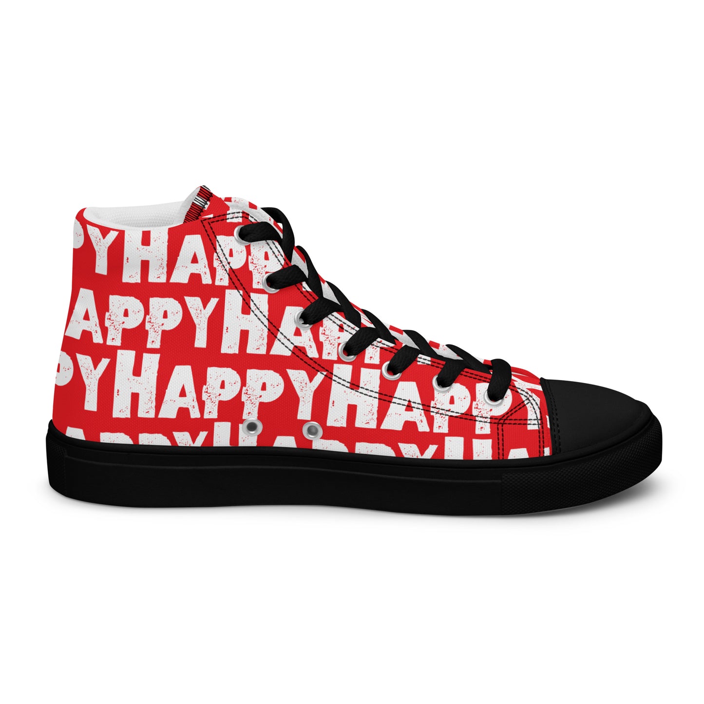 Cool Shoes Mens Sneakers inside view left shoe red and white Happy Sponge Print High Top Sneakers black sole HappyStuff brand