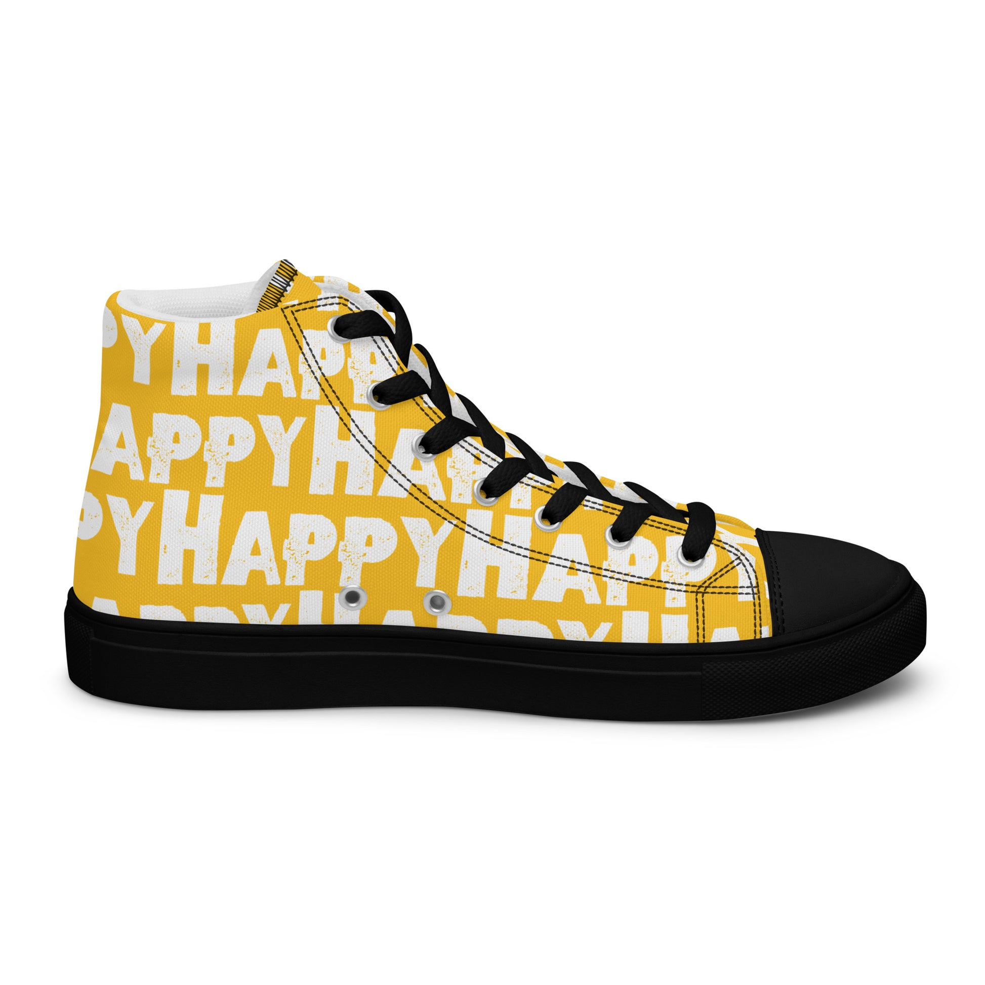 Cool Shoes Mens Sneakers inside view left shoe yellow and white Happy Sponge Print High Top Sneakers black sole HappyStuff brand