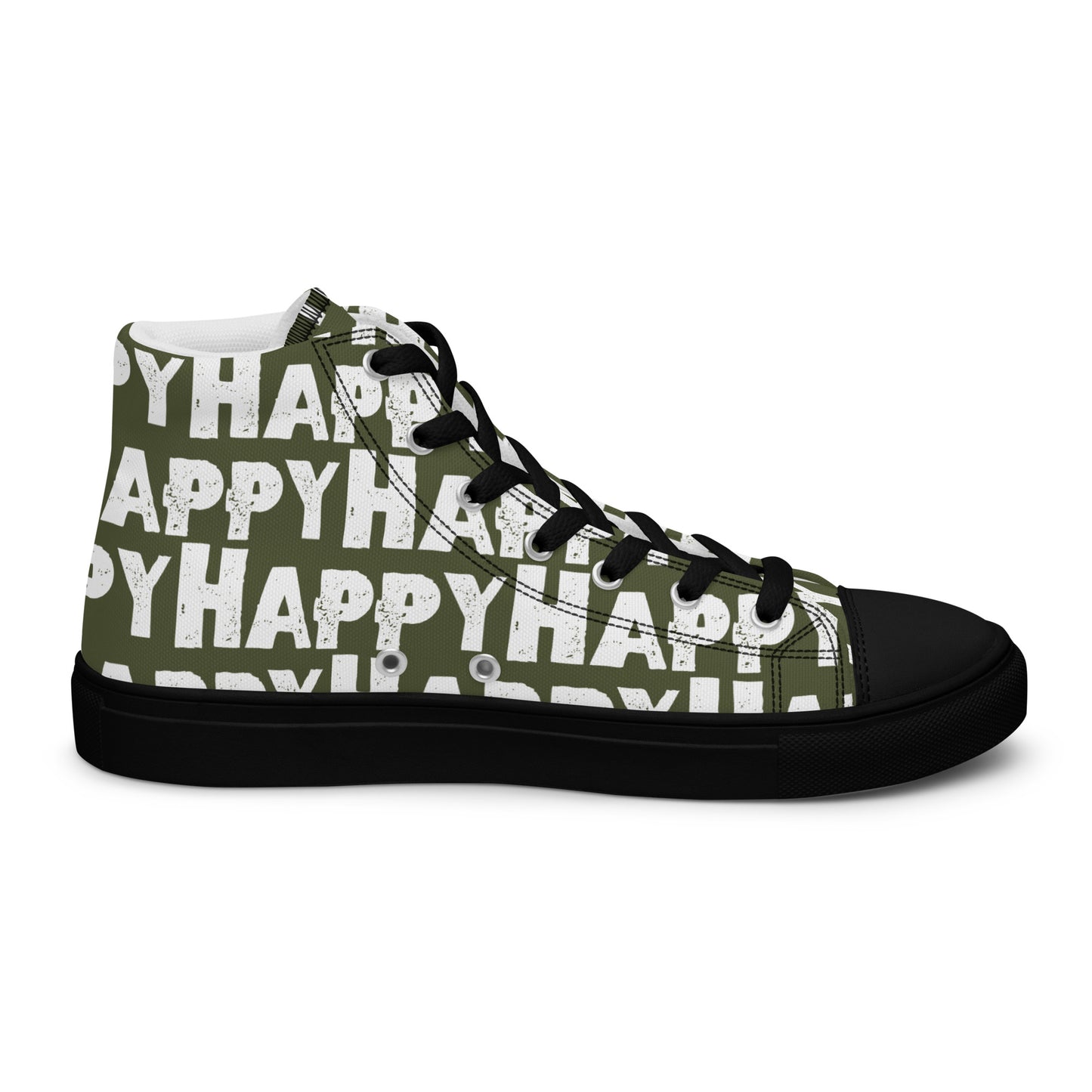 Cool Shoes Mens Sneakers inside view left shoe khaki green and white Happy Sponge Print High Top Sneakers black sole HappyStuff brand