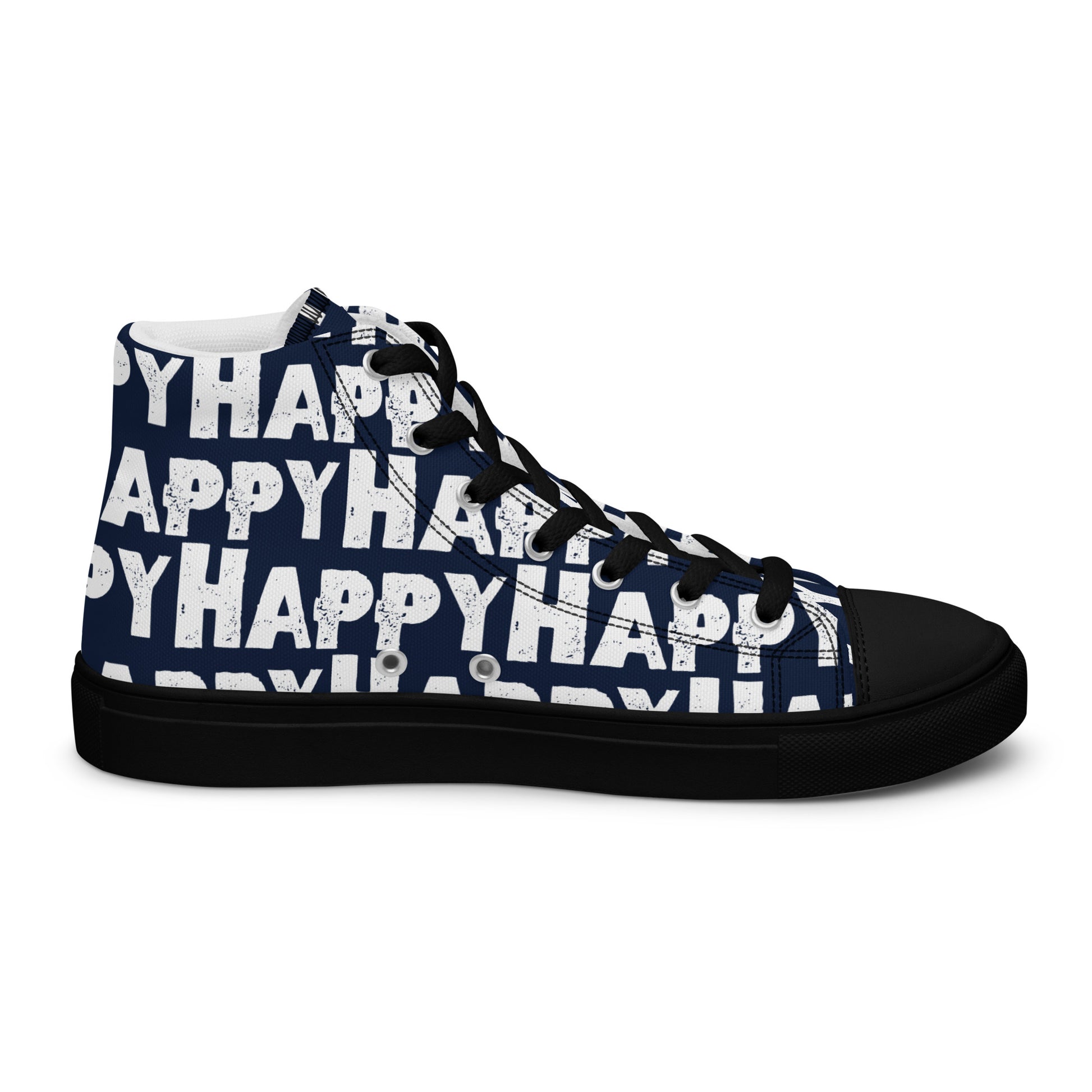 Cool Shoes Mens Sneakers inside view left shoe navy blue and white Happy Sponge Print High Top Sneakers black sole HappyStuff brand