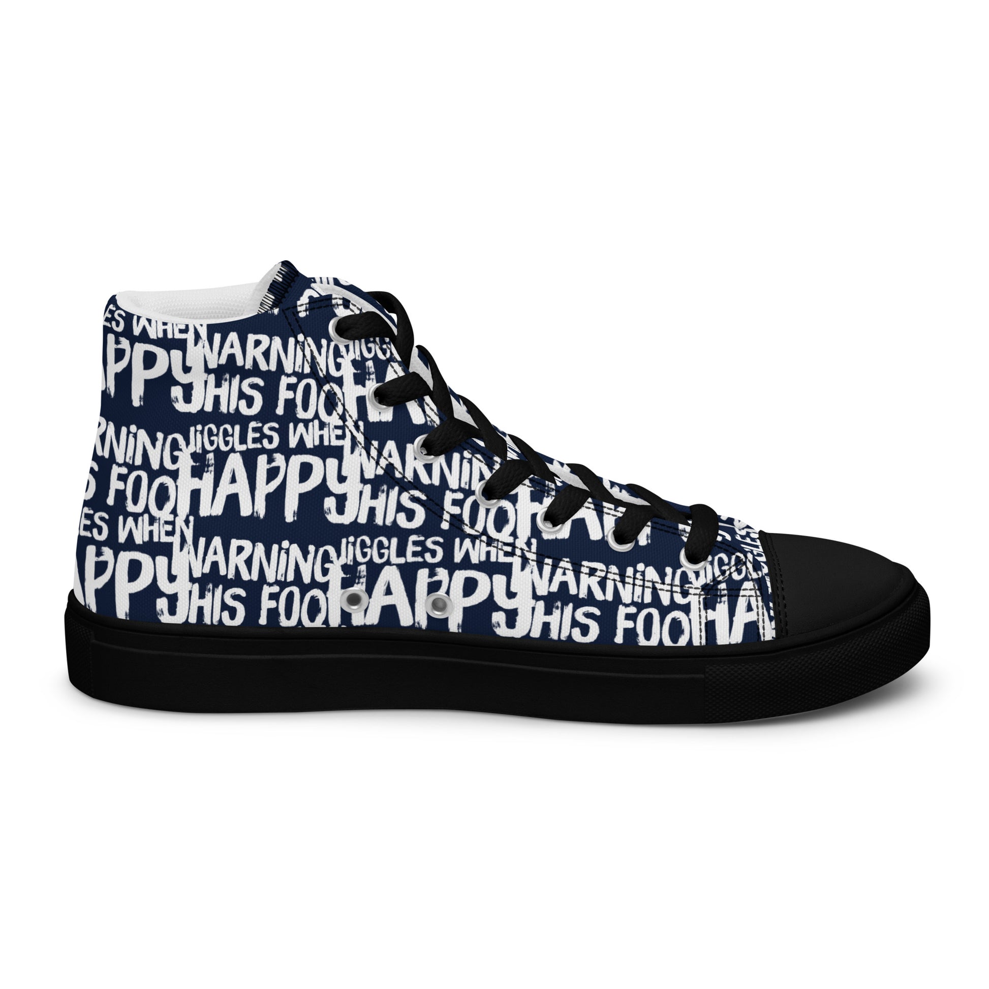 Left shoe inside view HappyStuff mens navy blue high top sneakers with playful white print Warning This Foot Jiggles When Happy black sole