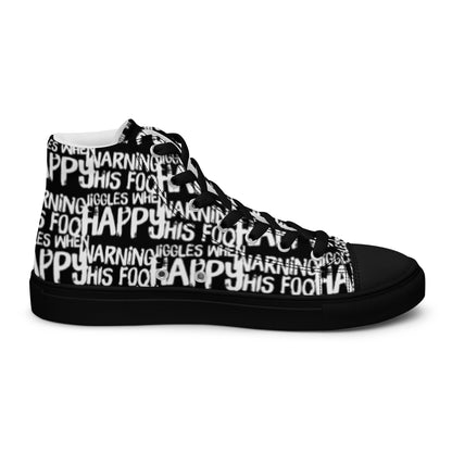 Left shoe inside view HappyStuff mens black high top sneakers with playful white print Warning This Foot Jiggles When Happy black sole