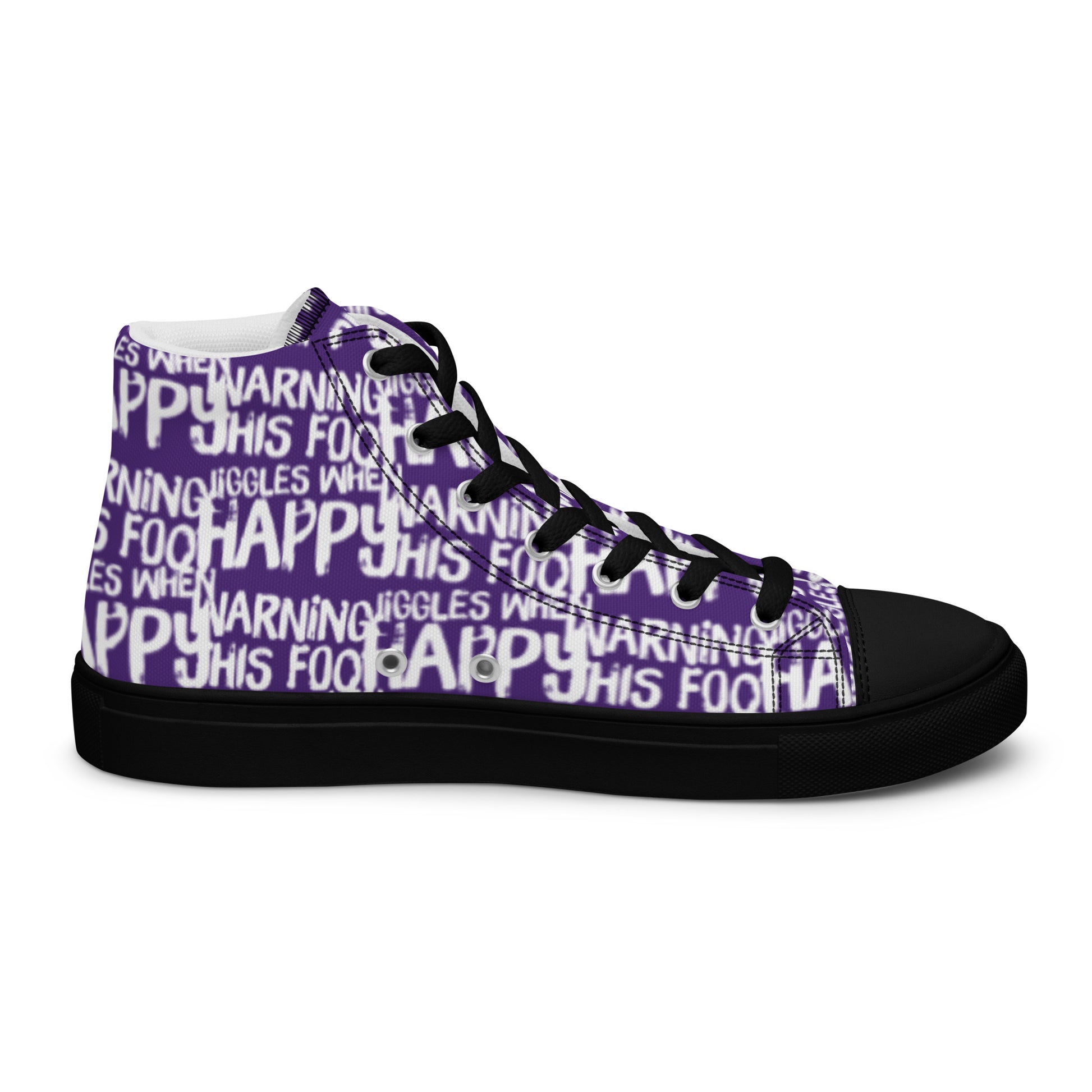 Left shoe inside view HappyStuff mens purple high top sneakers with playful white print Warning This Foot Jiggles When Happy black sole