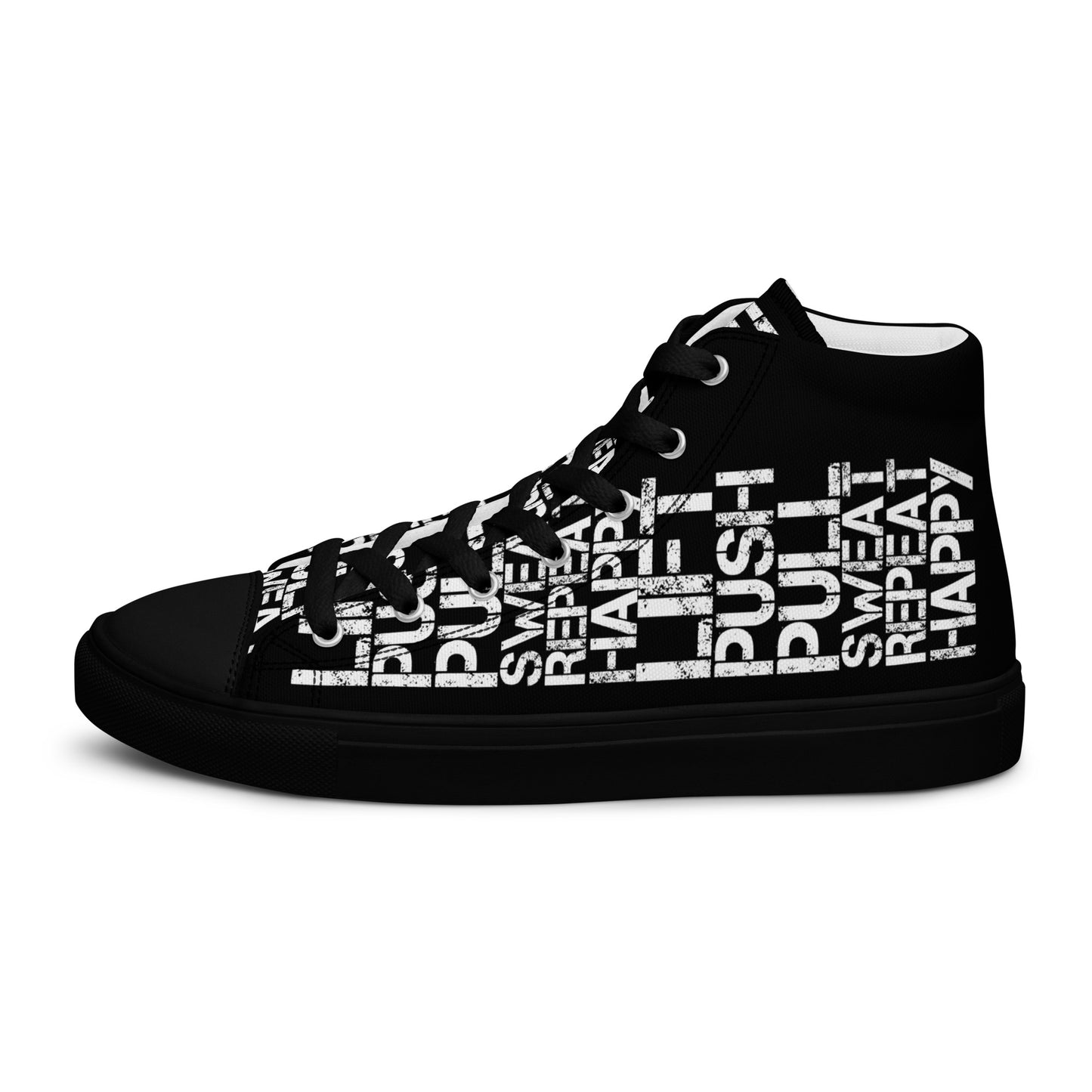 Left shoe side view HappyStuff mens black high top sneakers black sole with white lift push pull sweat repeat happy distress print