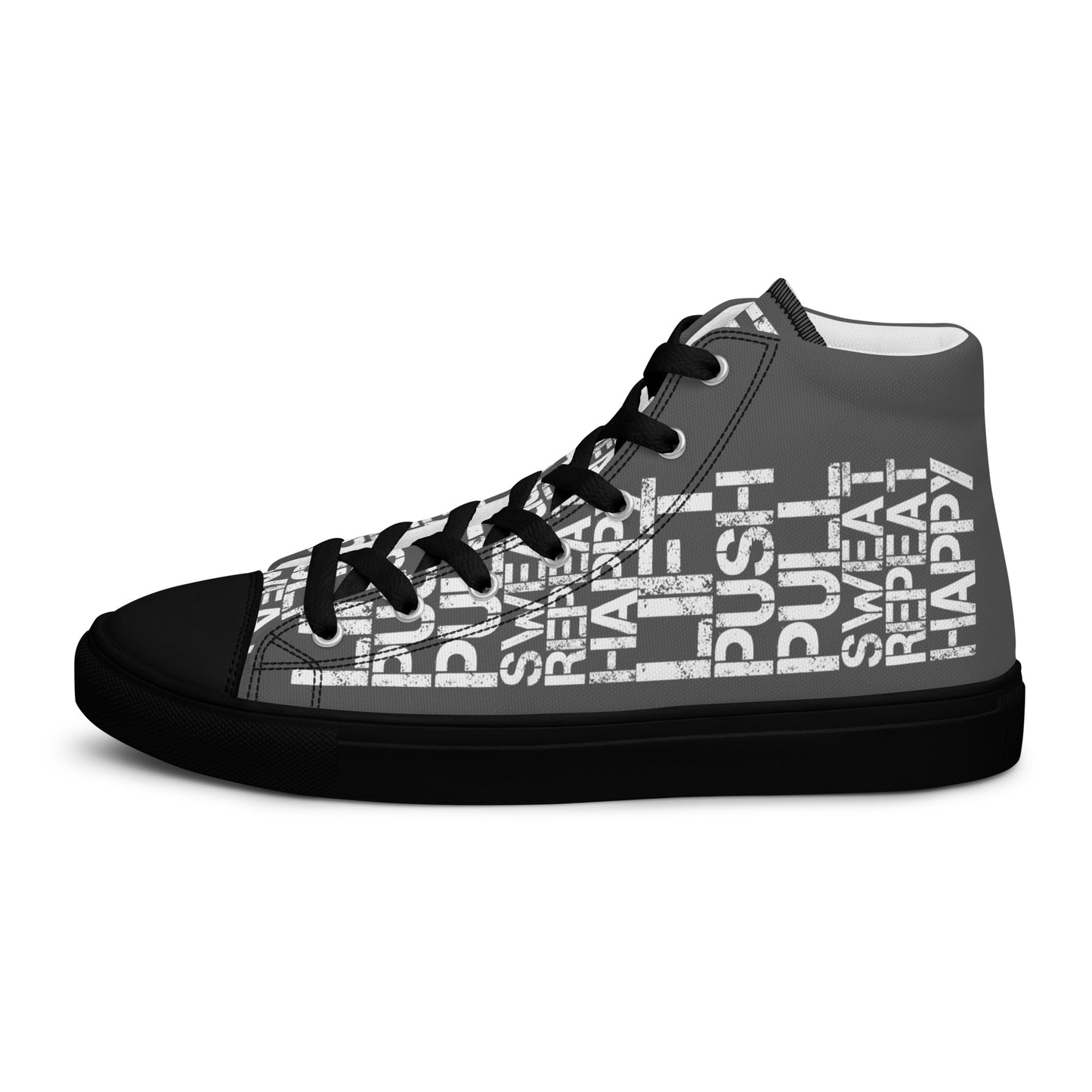 Left shoe side view HappyStuff mens slate grey high top sneakers black sole with white lift push pull sweat repeat happy distress print