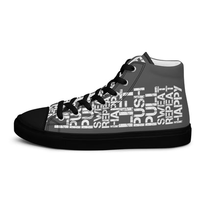 Left shoe side view HappyStuff mens slate grey high top sneakers black sole with white lift push pull sweat repeat happy distress print