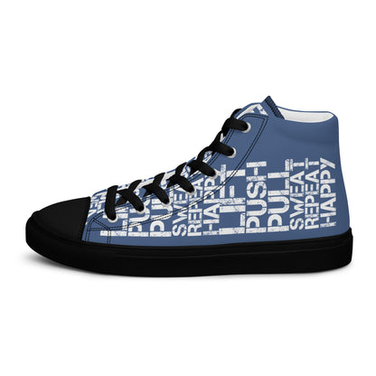 Left shoe side view HappyStuff mens denim blue high top sneakers black sole with white lift push pull sweat repeat happy distress print